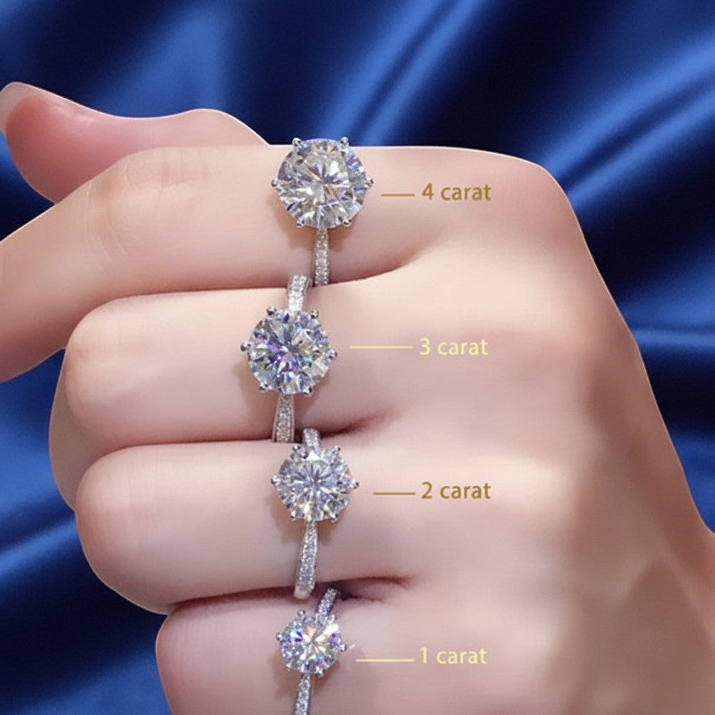 SilverStones.Pk moissanite diamond rings in 1, 2, 3, and 4 carat sizes, showcasing brilliant round cuts on a hand.