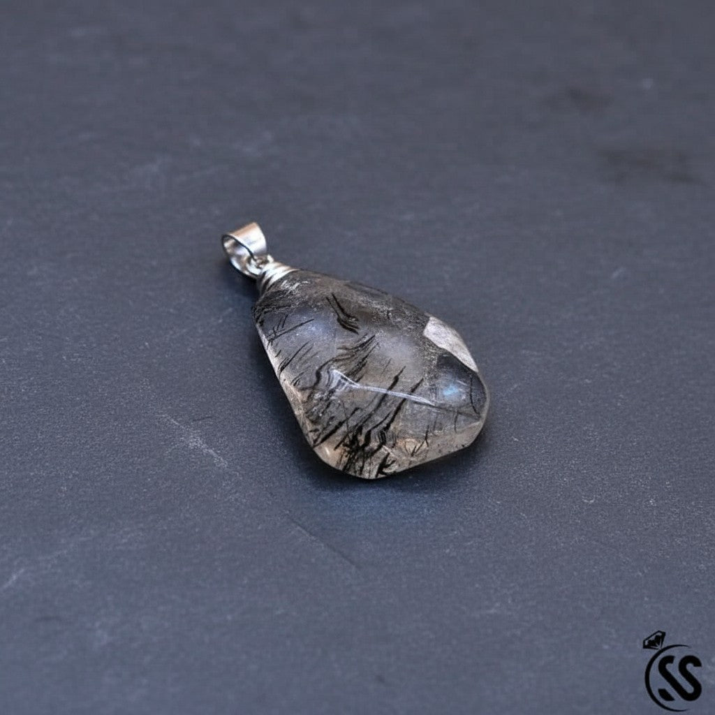 SilverStones.Pk natural Muh-e-Najaf quartz pendant with black inclusions and metal hook. Unisex spiritual jewelry.