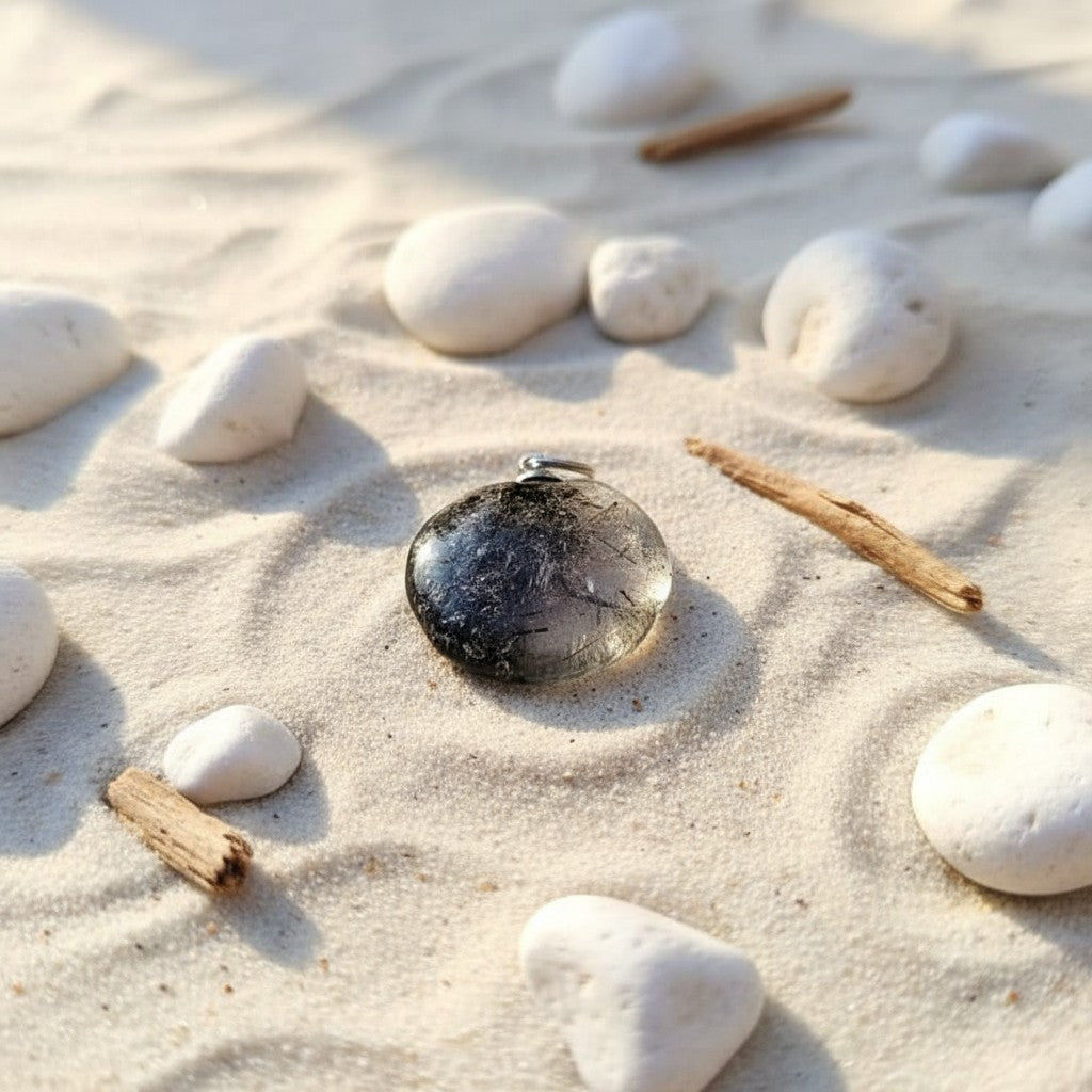 SilverStones.Pk Real Natural Muh-e-Najaf Quartz pendant, clear with black inclusions, metal hook, unisex spiritual jewelry.