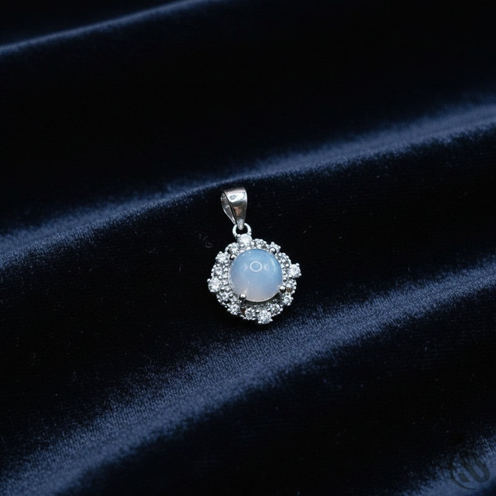 SilverStones.Pk real Ethiopian opal pendant with halo of cubic zirconia in Italian 925 sterling silver.