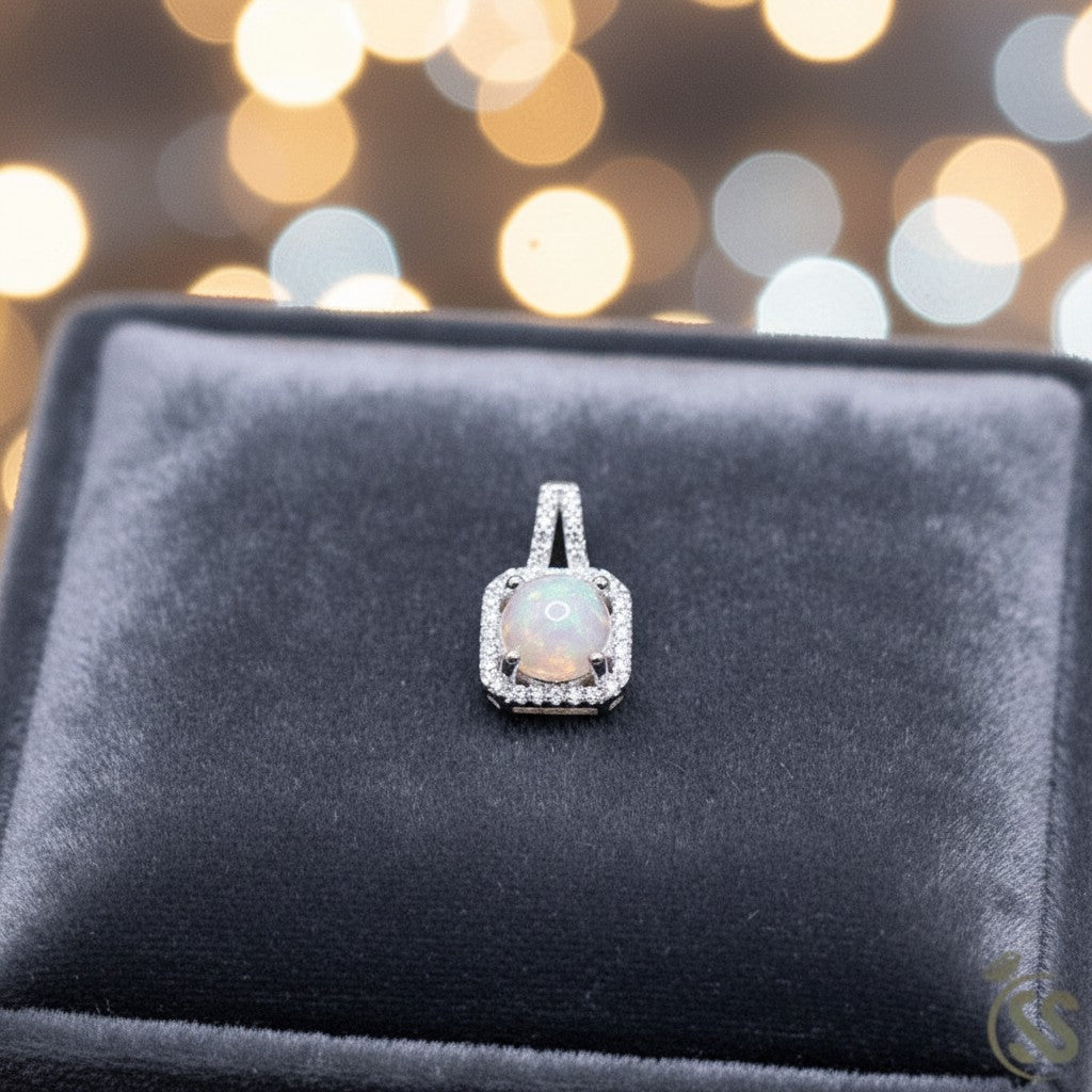 SilverStones.Pk Real Ethiopian Opal pendant in 925 Sterling Silver with rhodium plating and cubic zirconia accents.