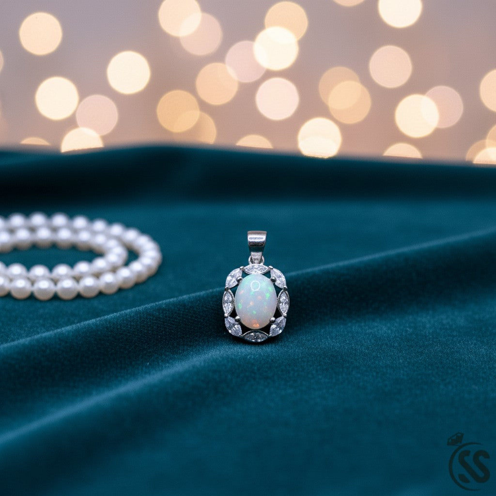 SilverStones.Pk oval Ethiopian opal pendant with clear cubic zirconia accents, set in rhodium-plated sterling silver.
