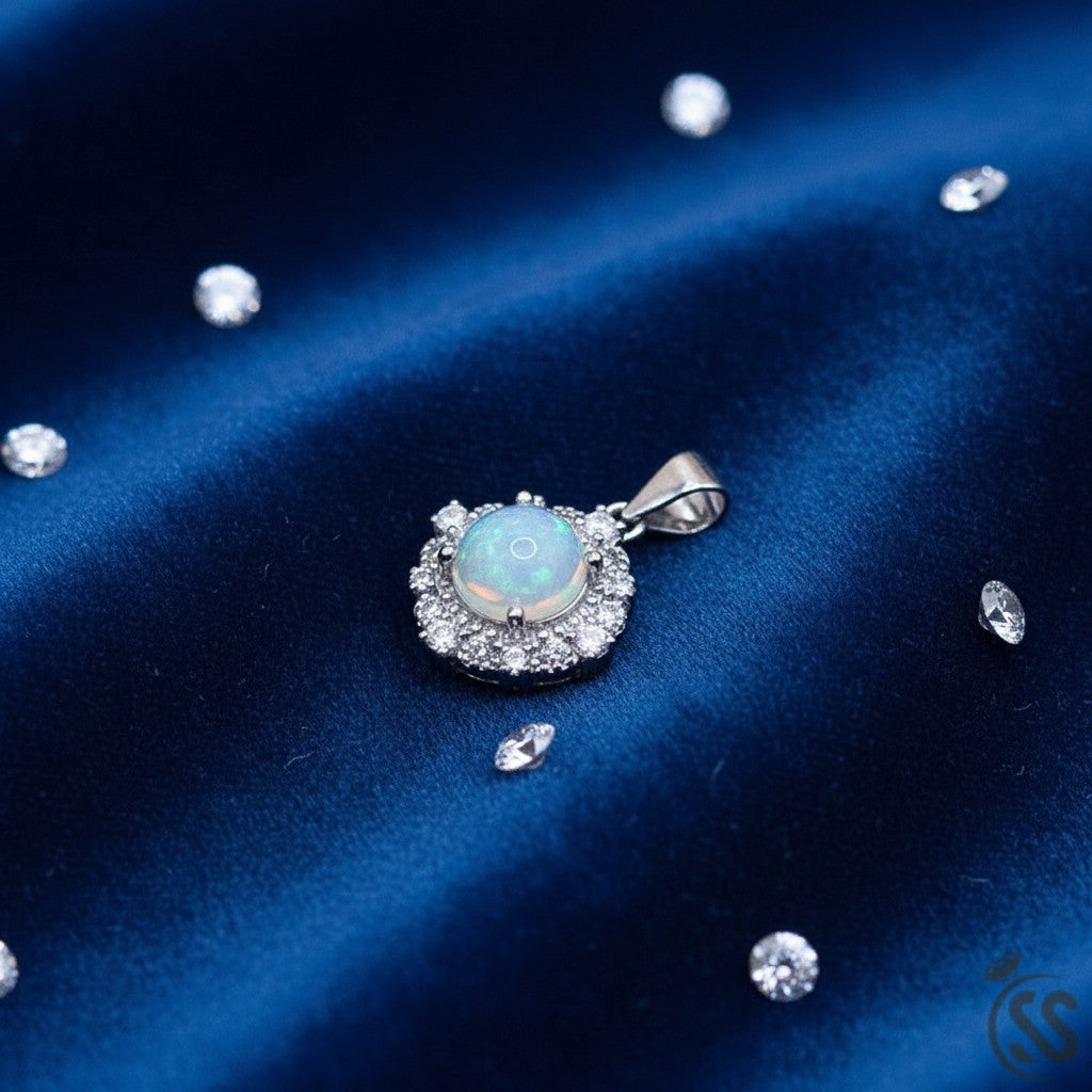 SilverStones.Pk real Ethiopian opal pendant with halo of cubic zirconia in Italian 925 sterling silver.