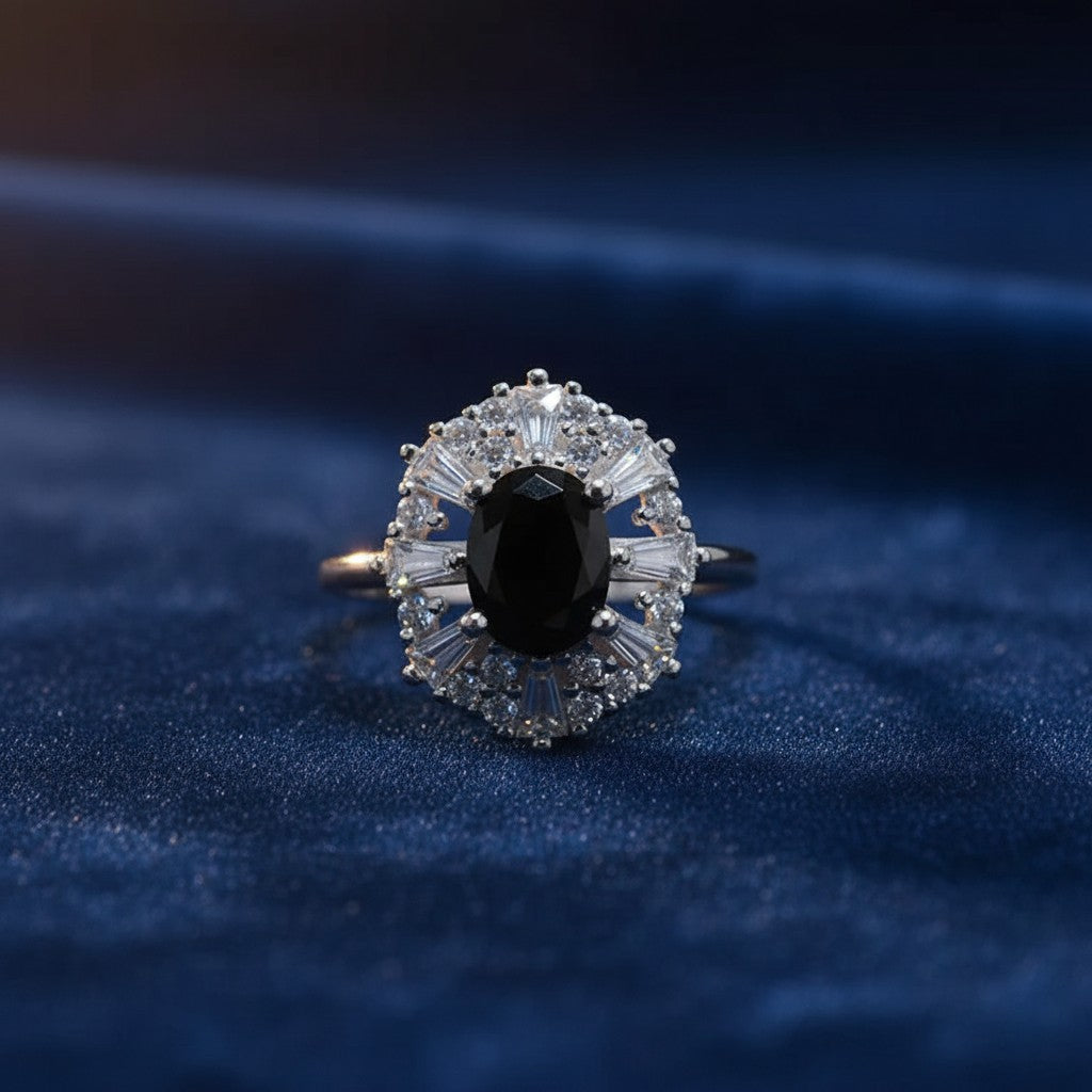 SilverStones.Pk oval black zircon ring with baguette and round clear zircon accents, made of 925 Italian sterling silver.