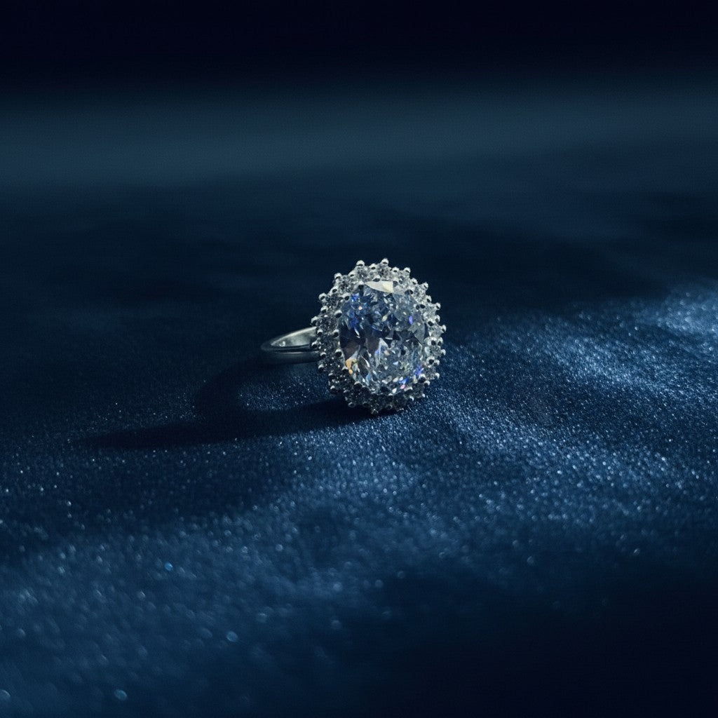 SilverStones.Pk oval zircon halo ring in 925 Italian sterling silver, perfect for special occasions.