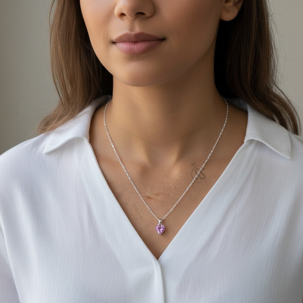 SilverStones.Pk sterling silver necklace with a pink heart-shaped zircon pendant, diamond-style setting.