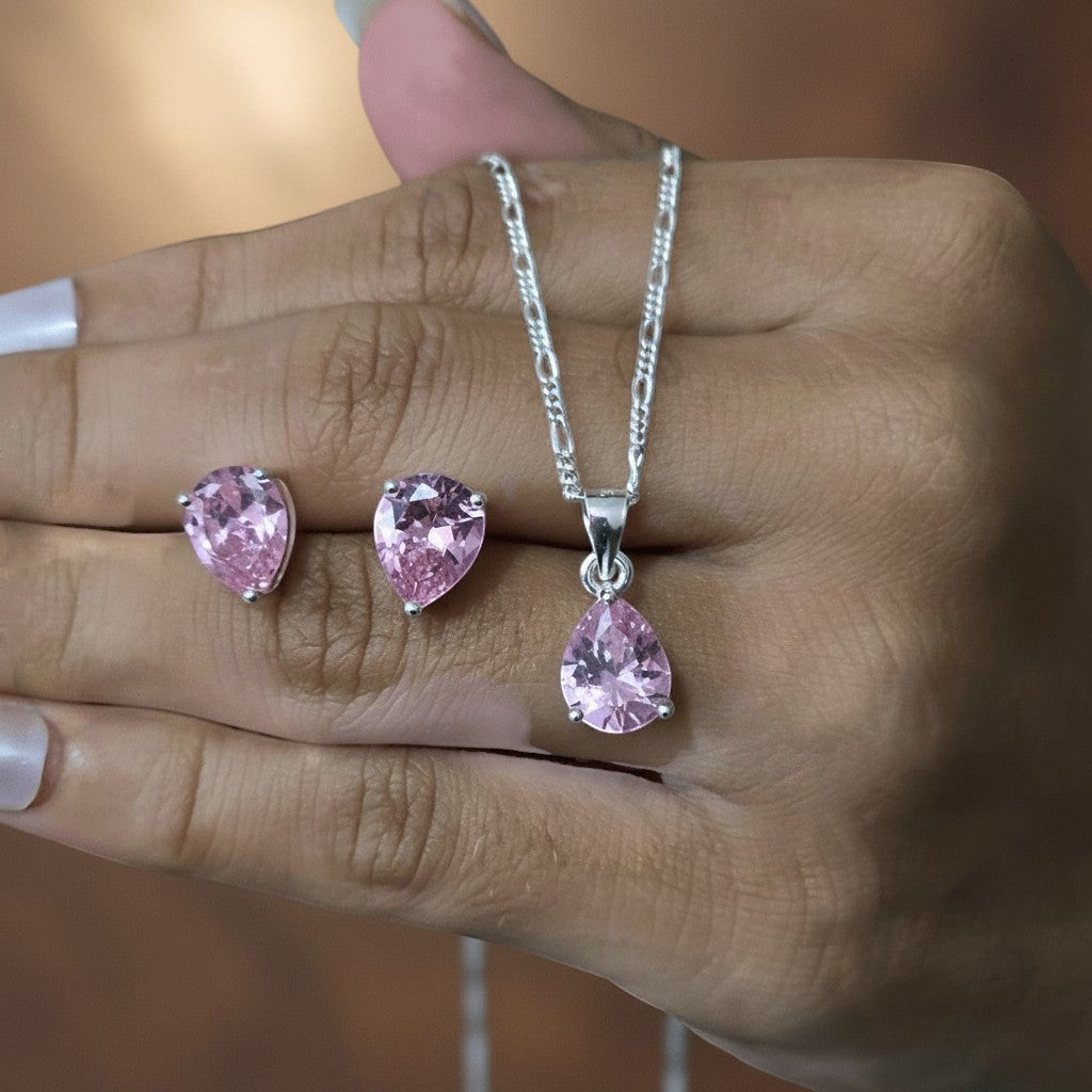 SilverStones.Pk pink pear-cut zircon pendant necklace and matching earrings set in sterling silver.