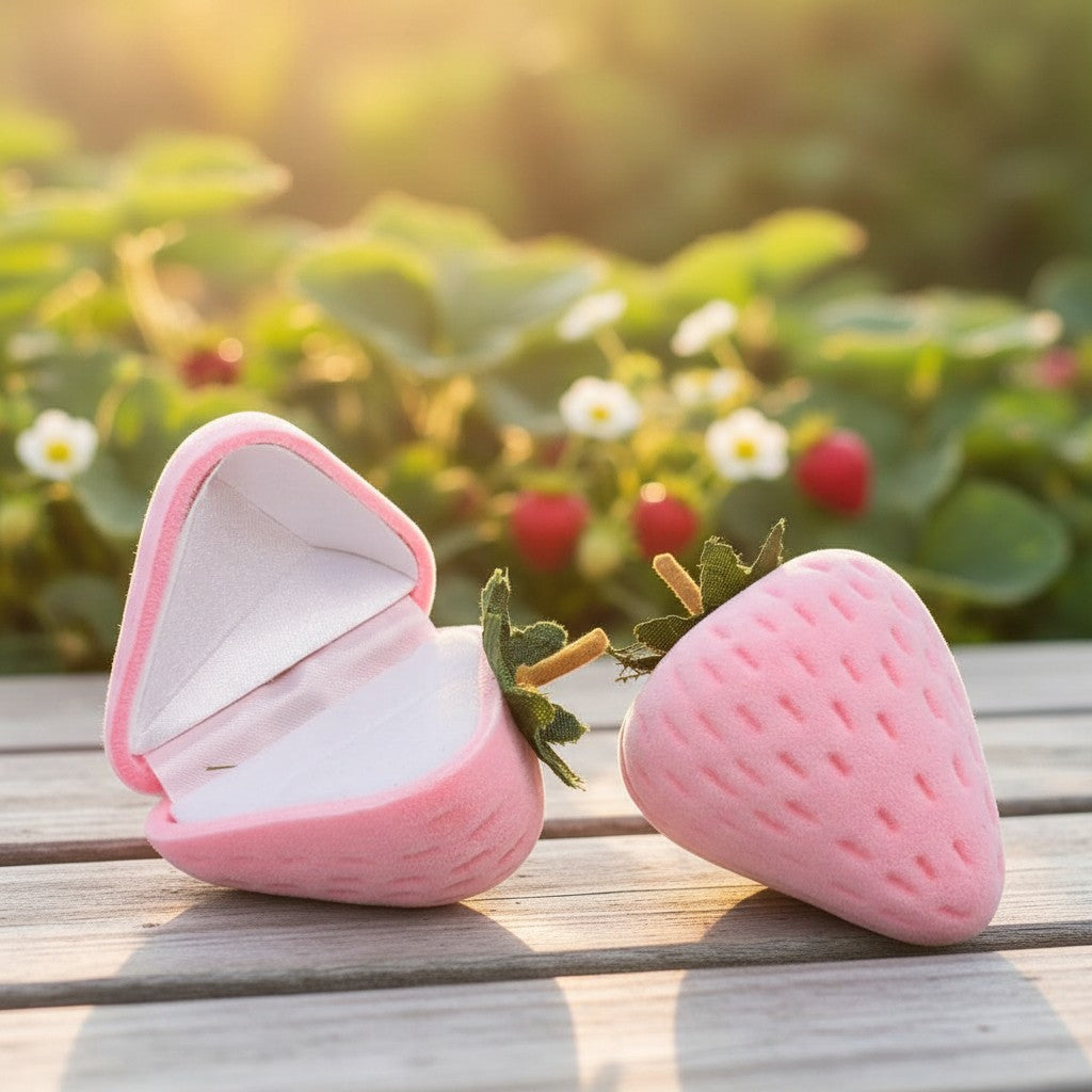 SilverStones.Pk pink strawberry-shaped ring box, plush velvet exterior, hinged lid opens to reveal white satin lining.