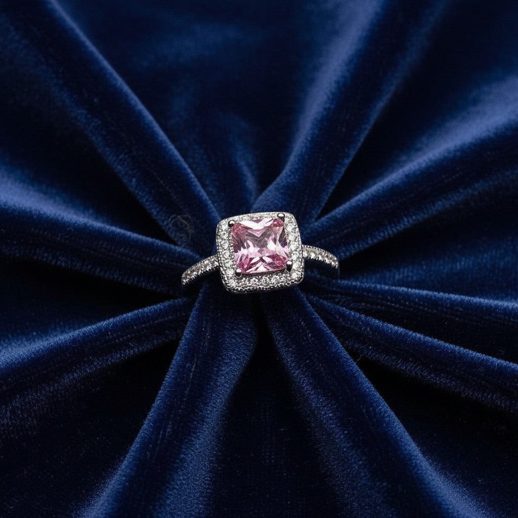 SilverStones.Pk pink square zircon halo ring in 925 Italian sterling silver with pave band.