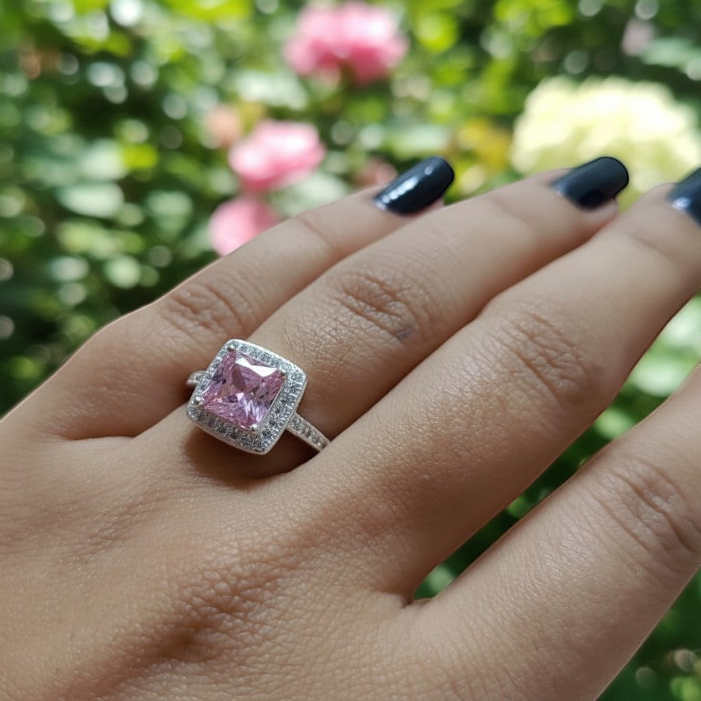 SilverStones.Pk pink zircon halo ring in 925 Italian sterling silver. Square cut center stone with pave band.