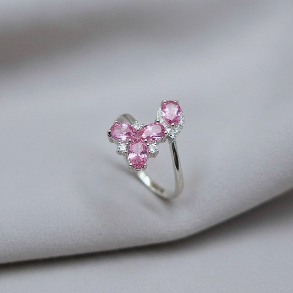 SilverStones.Pk Italian 925 sterling silver ring with pink zircon stones and small clear stones, adjustable.