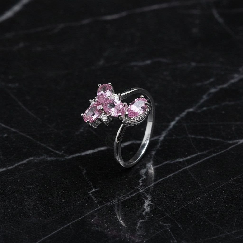 SilverStones.Pk pink zircon sterling silver ring with marquise-cut stones, ideal for everyday or special occasions.