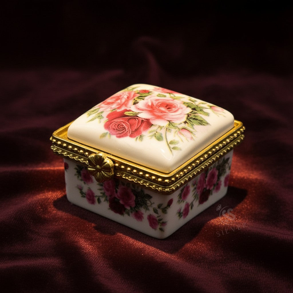 SilverStones.Pk white porcelain jewelry box with pink roses and gold trim. Hinged lid with floral clasp.