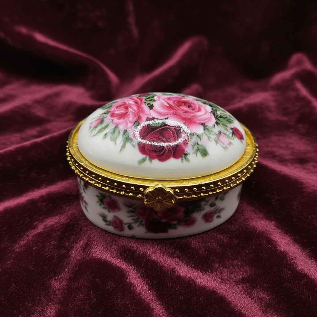 SilverStones.Pk ornate porcelain jewelry box with pink and red roses, gold trim, and clasp.