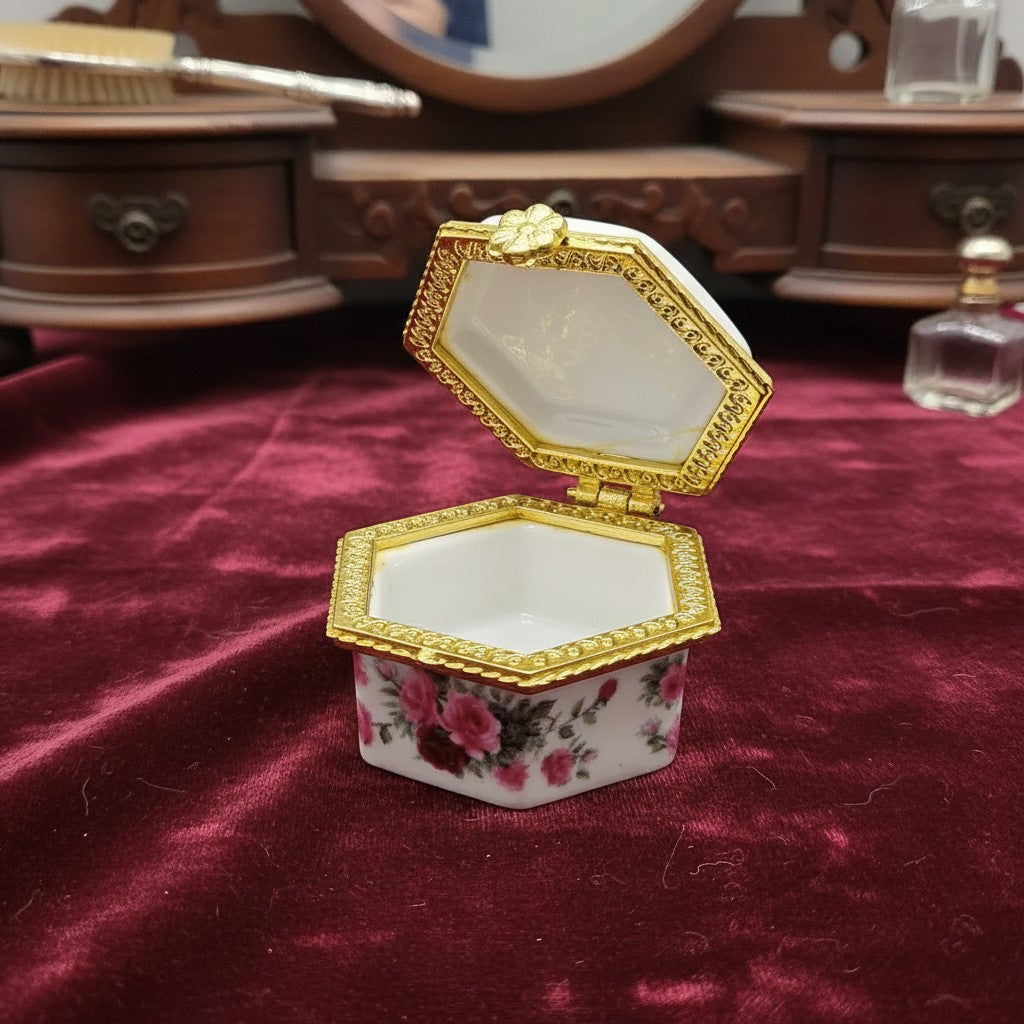 SilverStones.Pk hexagonal porcelain jewelry box with pink roses and gold trim, hinged lid.