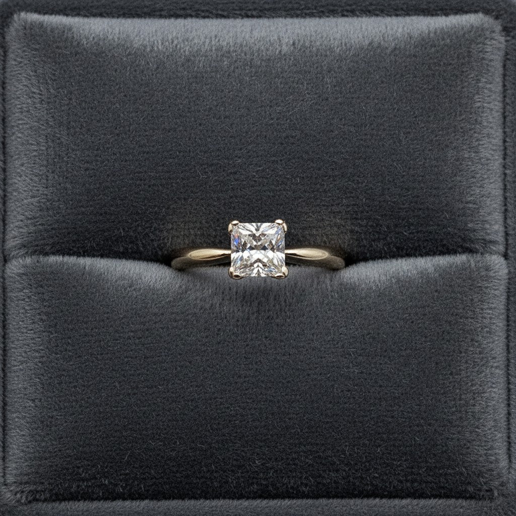 SilverStones.Pk ladies' 1 carat princess-cut moissanite diamond ring in sterling silver, presented on white satin.