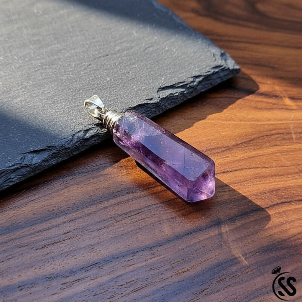 SilverStones.Pk purple fluorite crystal pendant with silver-tone metal hook, faceted cut for clarity and focus.