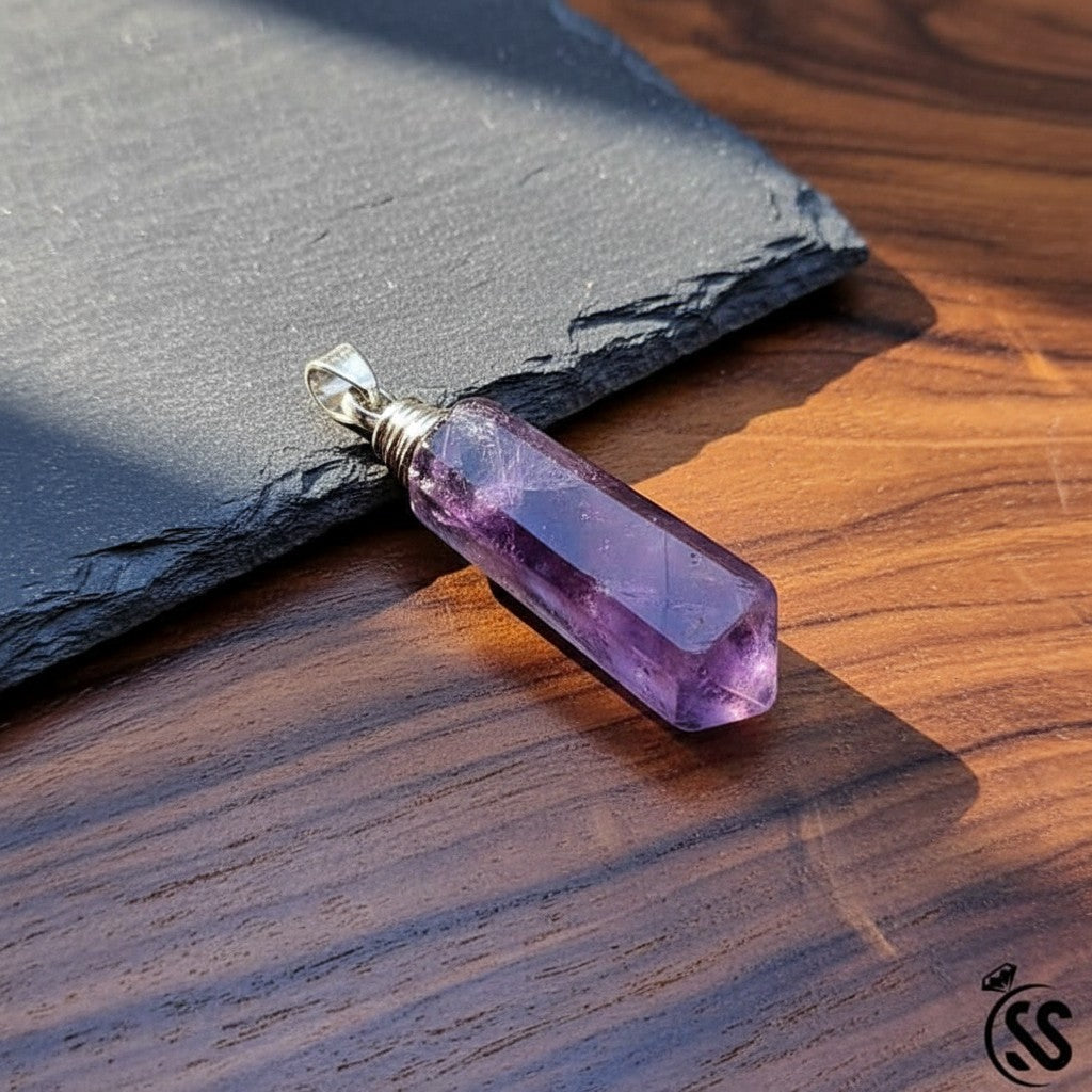 SilverStones.Pk purple fluorite crystal pendant with silver-tone metal hook, faceted cut for clarity and focus.