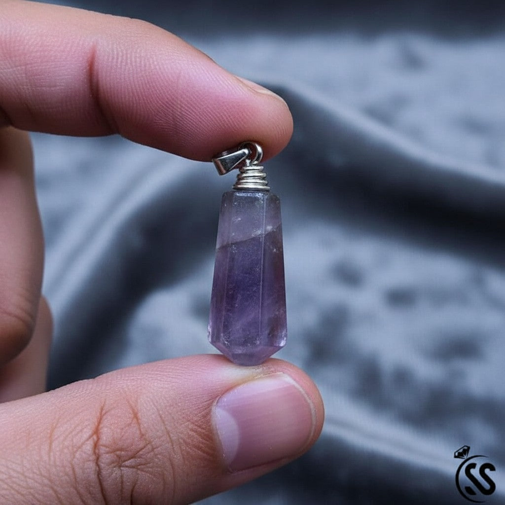 SilverStones.Pk hexagonal fluorite pendant with purple and green hues, featuring a nickel-free metal hook.