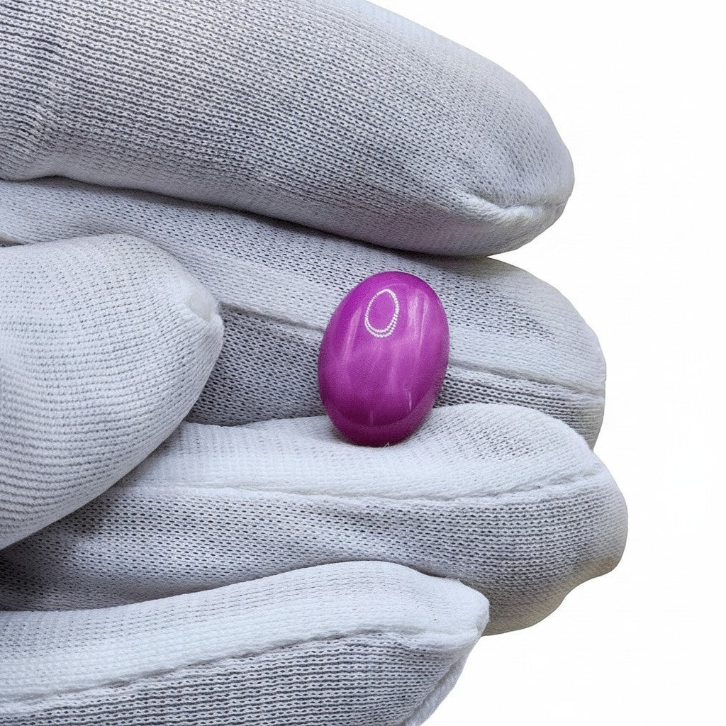 SilverStones.Pk oval cabochon purple star ruby gemstone with a visible star effect under light, held by gloved hands.