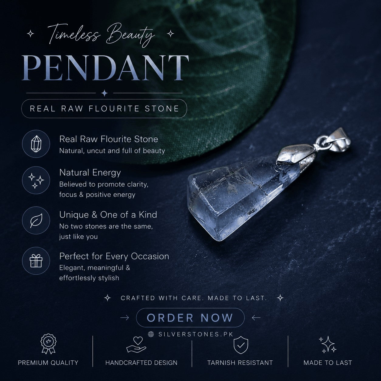 SilverStones.Pk multi-colored raw fluorite stone pendant with a clear, faceted design and nickel-free metal hook.