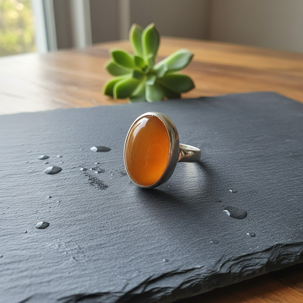 SilverStones.Pk handmade oval real aqeeq gemstone ring in silver (chandi). The warm orange gemstone is set in a polished silver band.