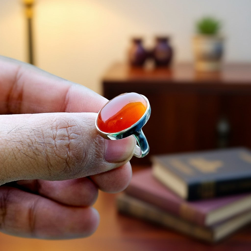 SilverStones.Pk handmade oval real aqeeq gemstone ring in a warm orange-red hue, set in polished silver.