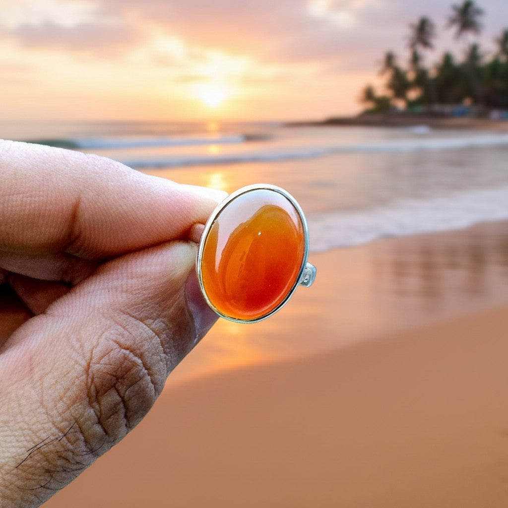 SilverStones.Pk oval real aqeeq gemstone ring with a vibrant orange-red stone set in a polished silver band.