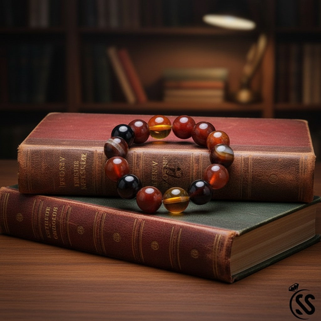 SilverStones.Pk bracelet with assorted real Aqeeq stones in red, orange, brown, and black hues. Smooth, polished beads.