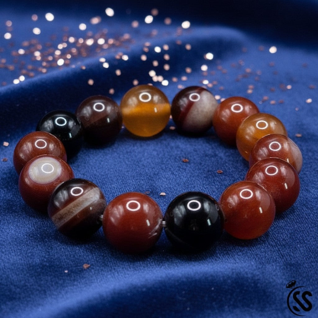 SilverStones.Pk bracelet with real Aqeeq stones in red, orange, brown, and black. Smooth, polished beads.