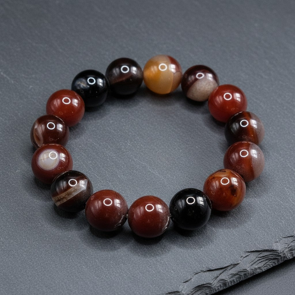 SilverStones.Pk bracelet with assorted real aqeeq stones in red, brown, black, and caramel hues. Smooth, polished beads.