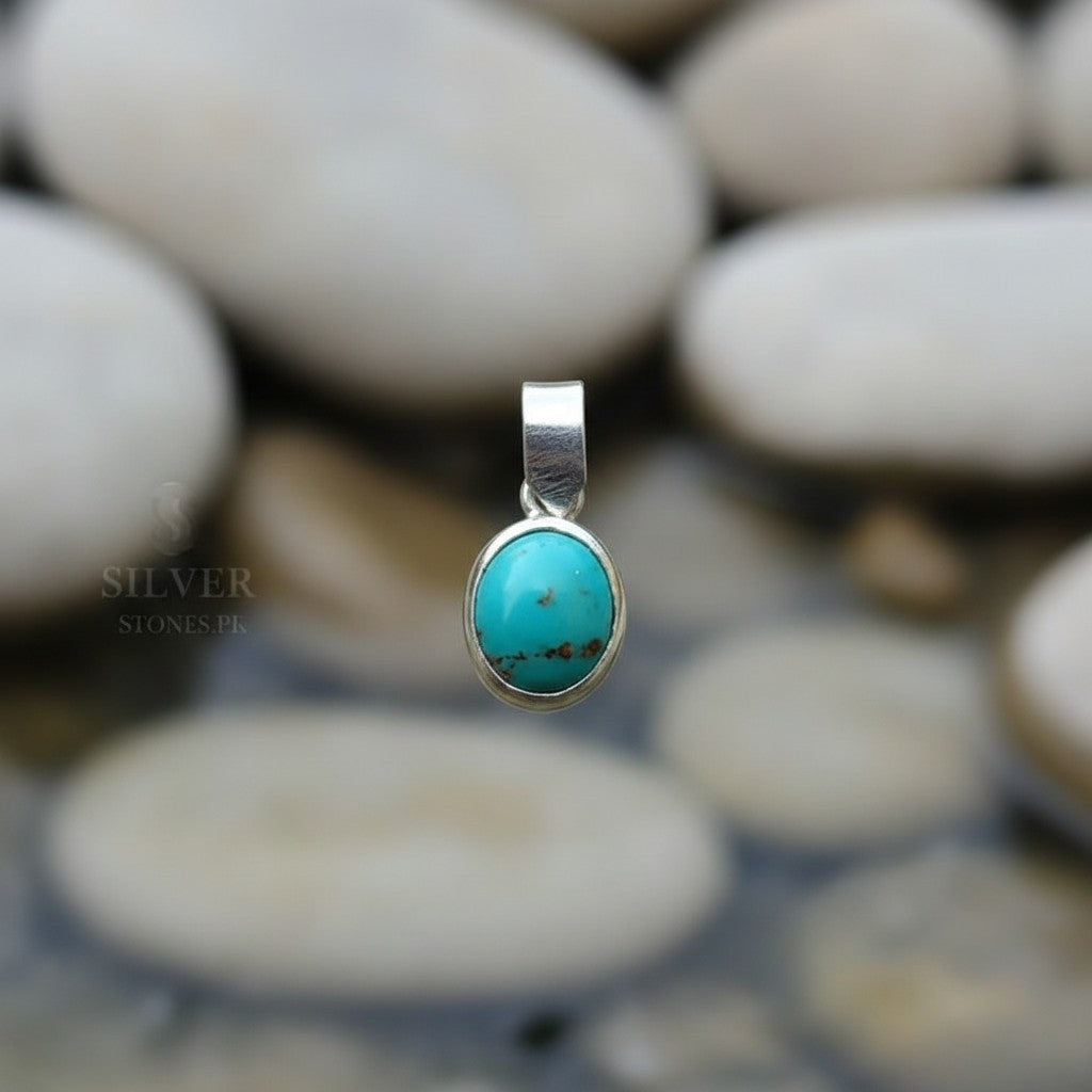 SilverStones.Pk handmade pendant with a real Shajri Iranian Feroza gemstone set in silver.