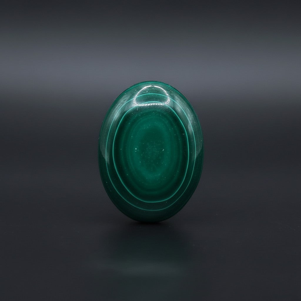 SilverStones.Pk oval real malachite stone with vibrant green concentric circles, believed to aid kidney health.