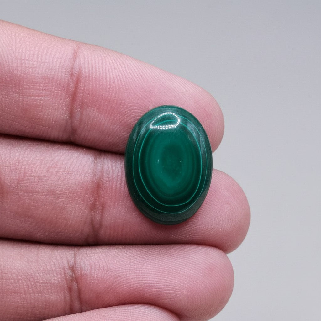 SilverStones.Pk oval cabochon real malachite stone with vibrant green concentric circles.