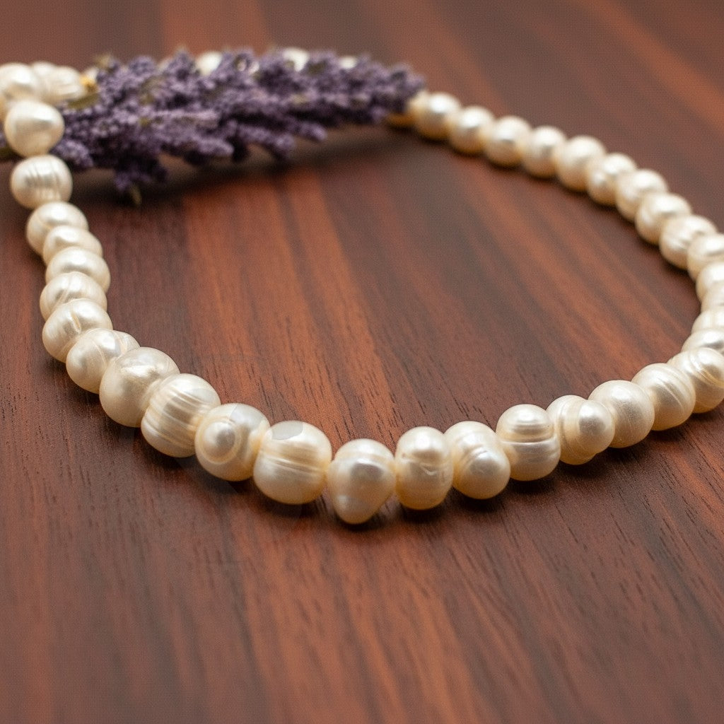 SilverStones.Pk real pearl necklace with irregular baroque pearls and a sprig of dried lavender.
