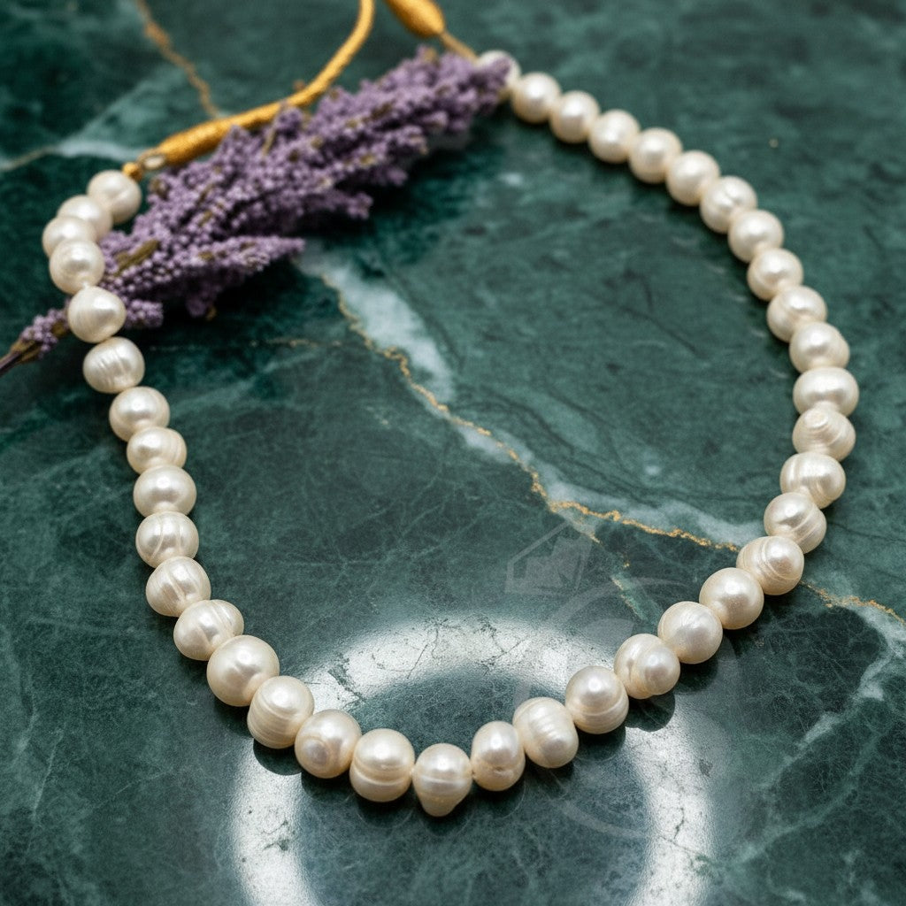 SilverStones.Pk real pearl stone necklace for ladies, featuring irregular cream-colored pearls strung together with a subtle yellow tassel and purple floral accent.
