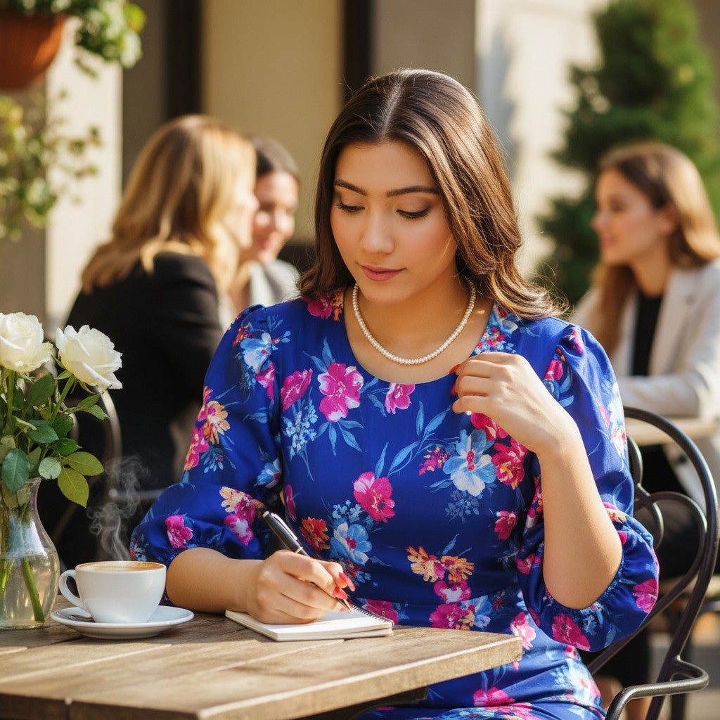 SilverStones.Pk ladies' real pearl stone necklace, classic white pearls on a delicate strand, worn with a vibrant blue floral dress.