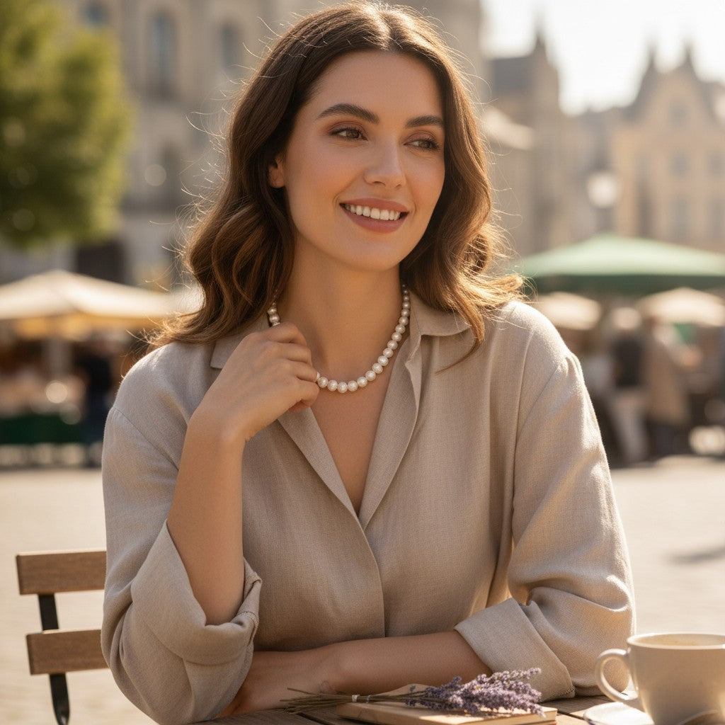 SilverStones.Pk real pearl stone necklace for ladies, featuring irregular white pearls strung on a gold cord with a sprig of purple flowers.