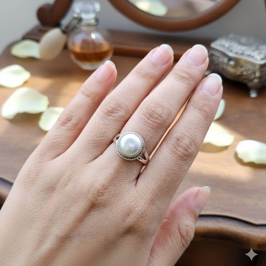SilverStones.Pk handcrafted sterling silver ring with a real pearl center, featuring a rope-like bezel and split band.