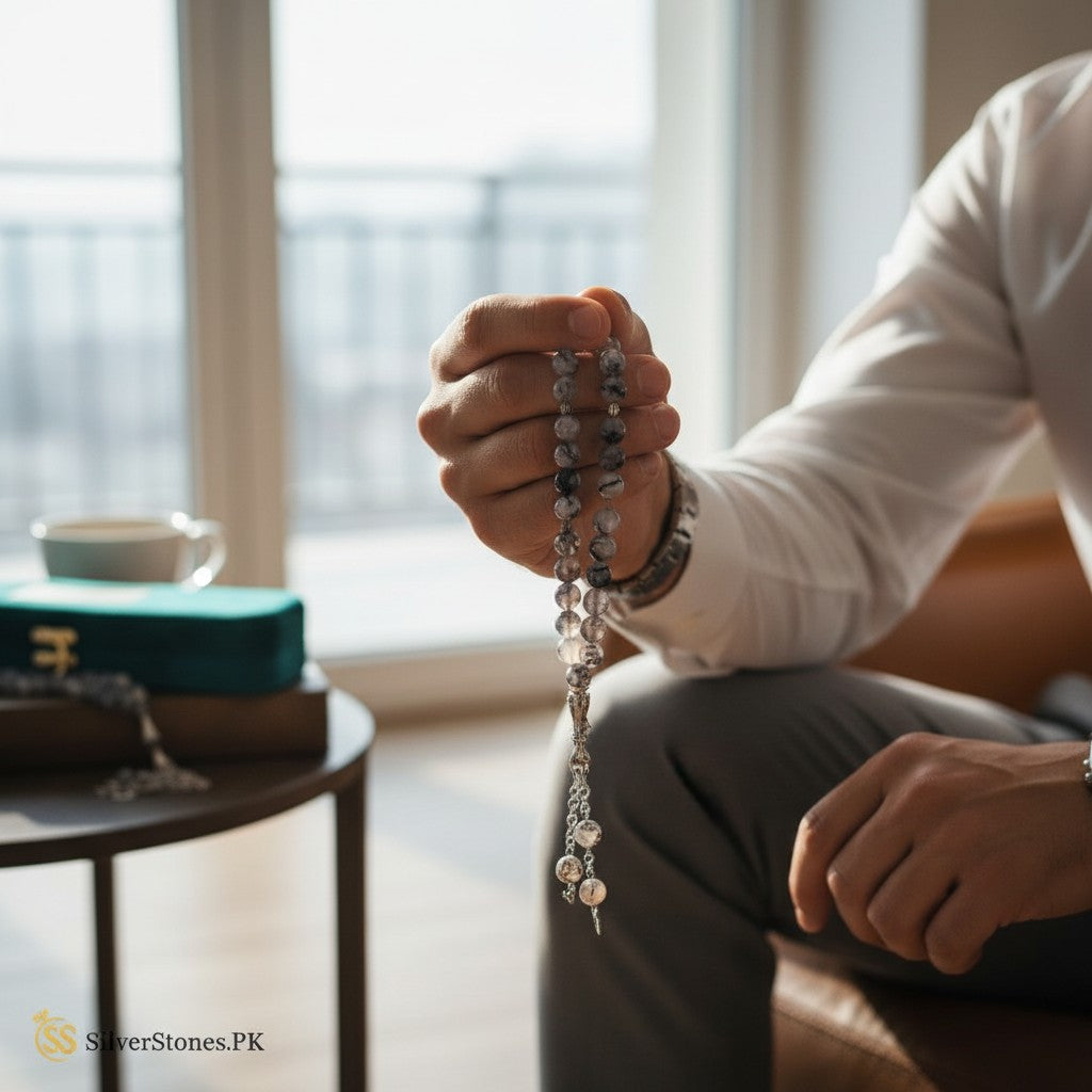 SilverStones.Pk real Shajri Aqeeq stones tasbeeh with grey and white marbled beads and silver accents, presented in a teal velvet box.