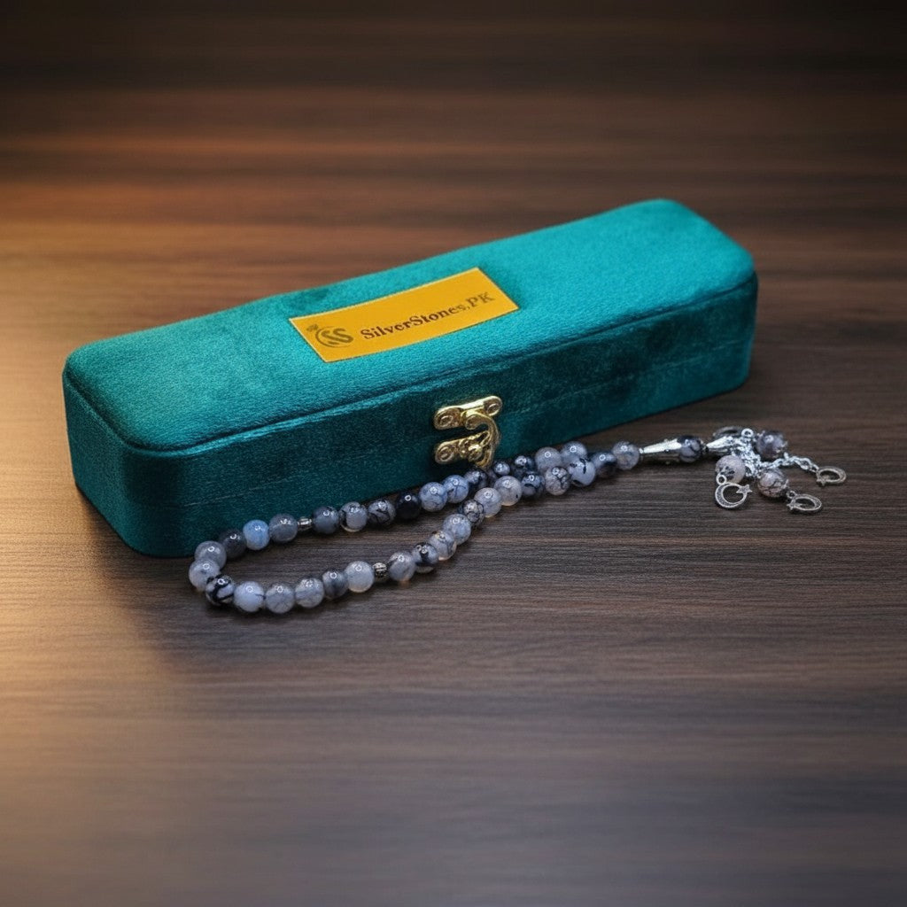 SilverStones.Pk real Shajri Aqeeq stones tasbeeh with grey and white marbled beads and silver accents.