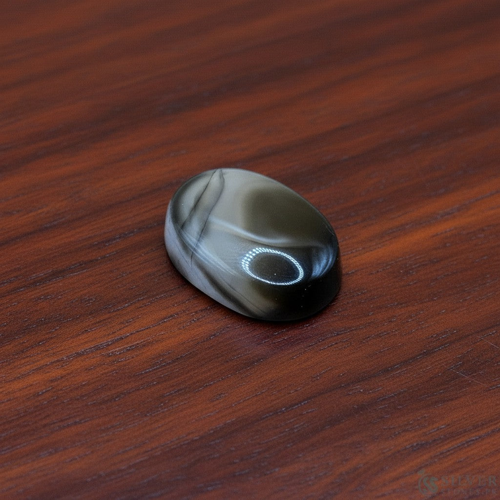 SilverStones.Pk real Sulemani Aqeeq stone, oval cabochon with natural grey and black banding, 5.60 grams.