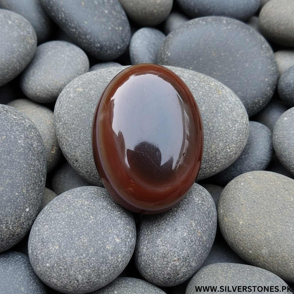 SilverStones.Pk oval-shaped real Sulemani Aqeeq stone with natural banding in deep red and brown hues, believed to offer protection and serenity.