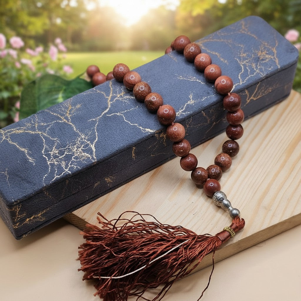 SilverStones.Pk Real Sung Star Stones Tasbeeh with brown tassel and silver accent. Ideal for prayer and meditation.