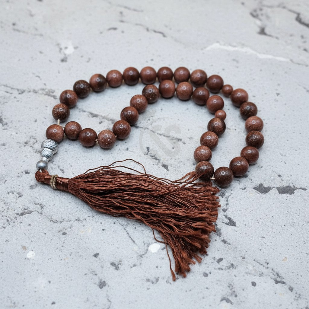 SilverStones.Pk Real Sung Star Stones Tasbeeh, brown polished beads with a silver accent and brown tassel, ideal for prayer and meditation.