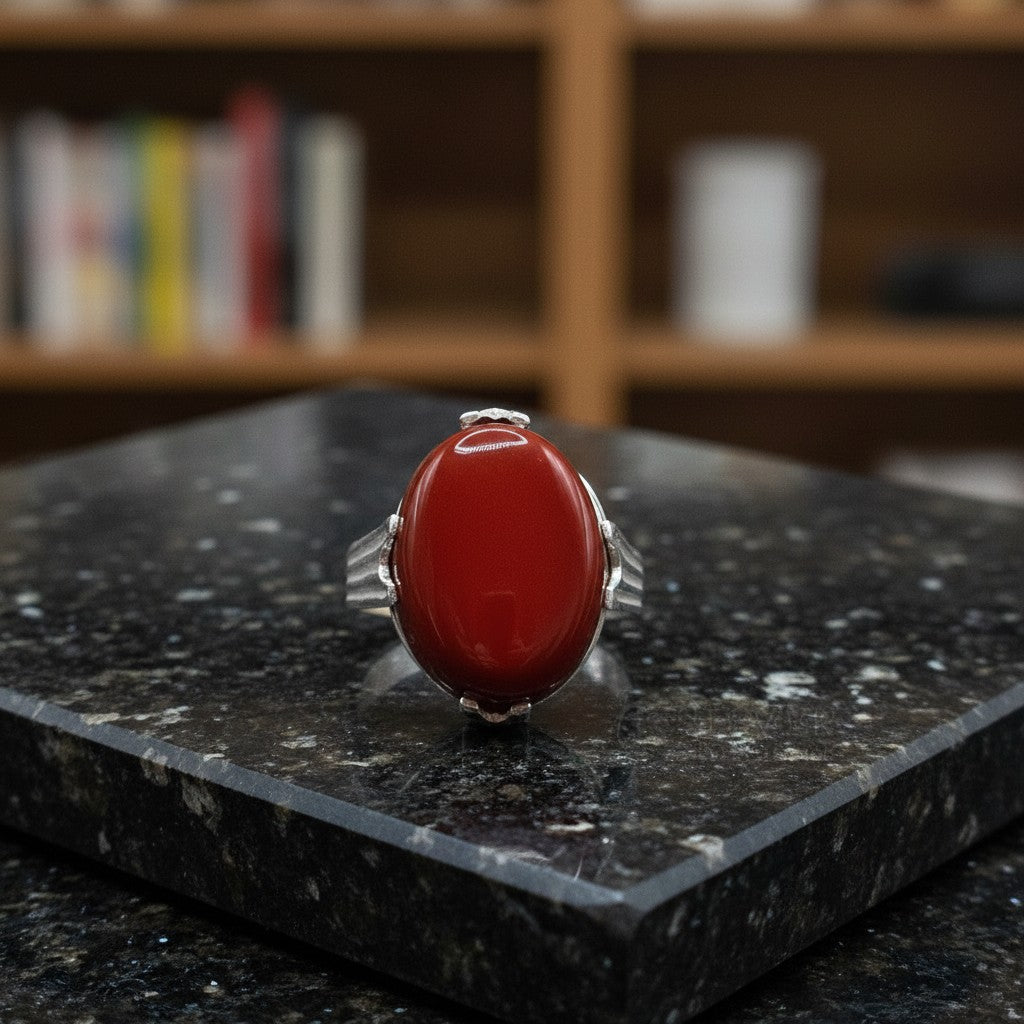 SilverStones.Pk handmade oval red aqeeq gemstone ring set in silver. Features a smooth, polished red stone with intricate silver detailing on the band.