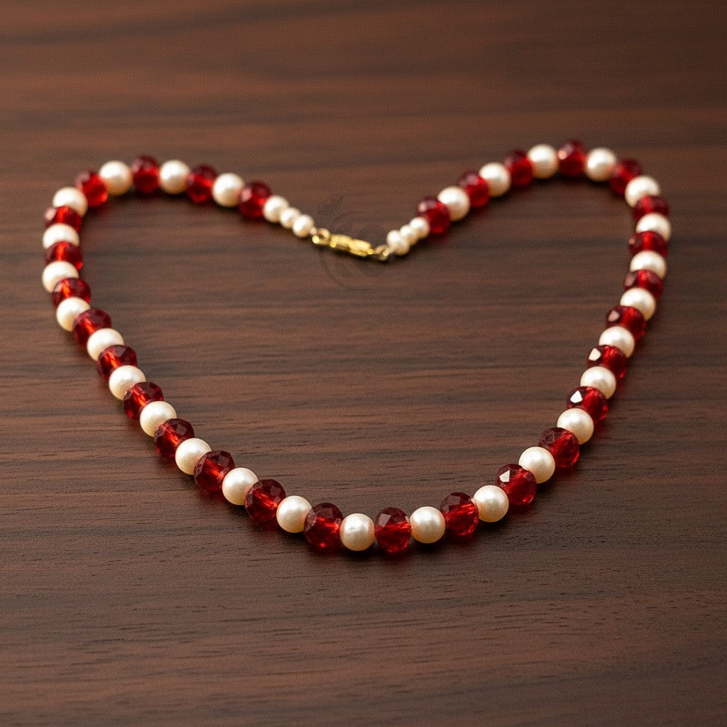SilverStones.Pk red crystal and pearl beaded necklace for ladies. Classic elegant design.