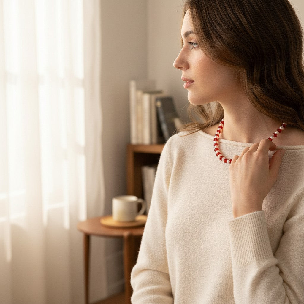 SilverStones.Pk red crystal and pearl bead necklace for ladies, classic elegant design.