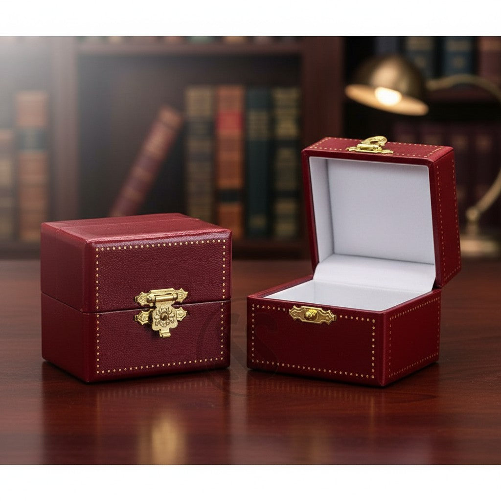 SilverStones.Pk red velvet earpin box with gold clasp and decorative stitching. Open box shows white interior.