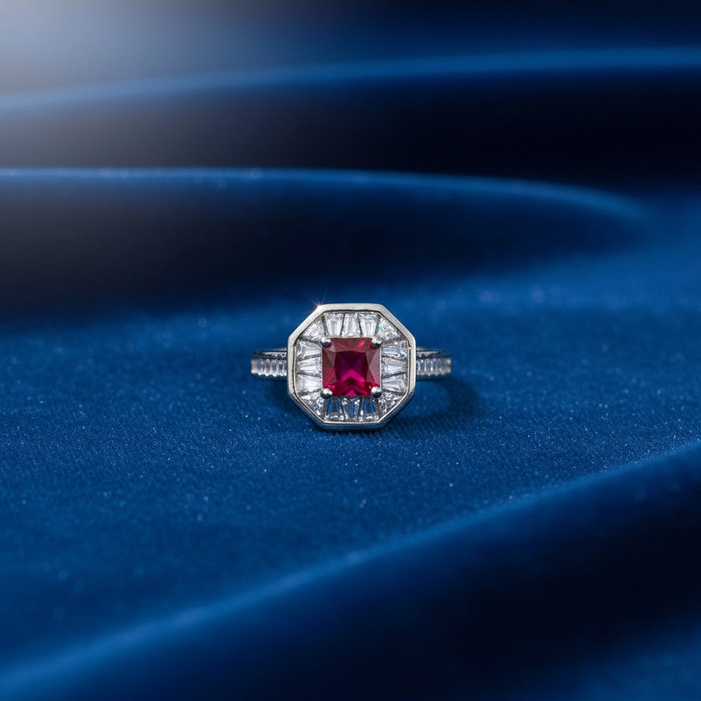 SilverStones.Pk designer ladies ring with a central red zircon and surrounding baguette-cut clear zircon stones in a silver-tone setting.